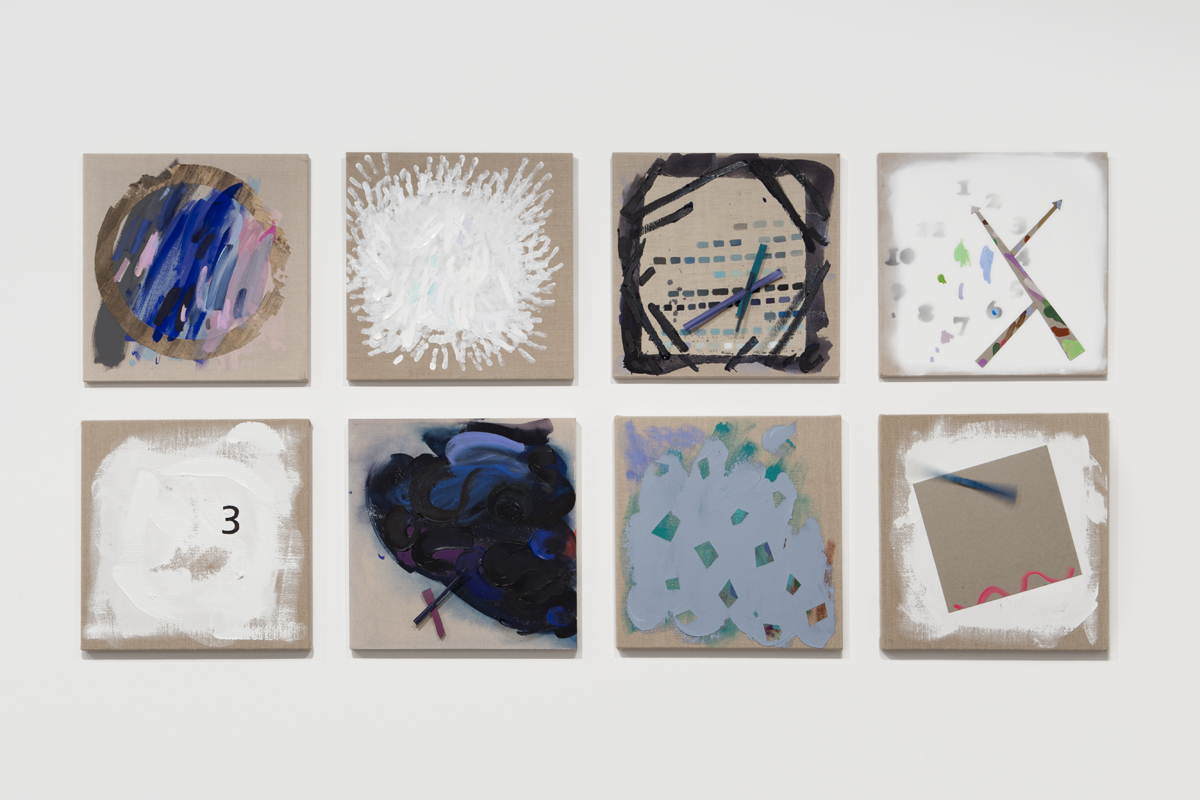Laura Owens, Untitled, 2010. Oil, acrylic, collage, charcoal, yarn, and clock motors on canvas and linen. Private Collection, Los Angeles.