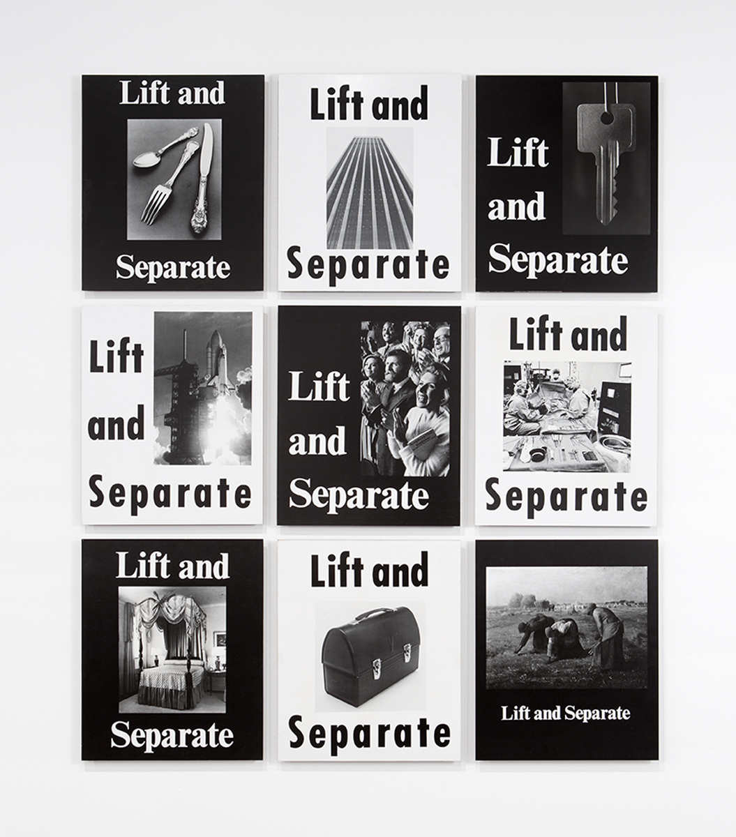Lift and Separate, 1984. Black and white photographs mounted on board. 9 Panels, each: 23 ⅜ x 19 ½ x 1 inches. Exhibition Copy. Original work: Collection of The Museum of Contemporary Art, Los Angeles, Gift of Clayton M. Press, Jr. and Gregory B. Linn.