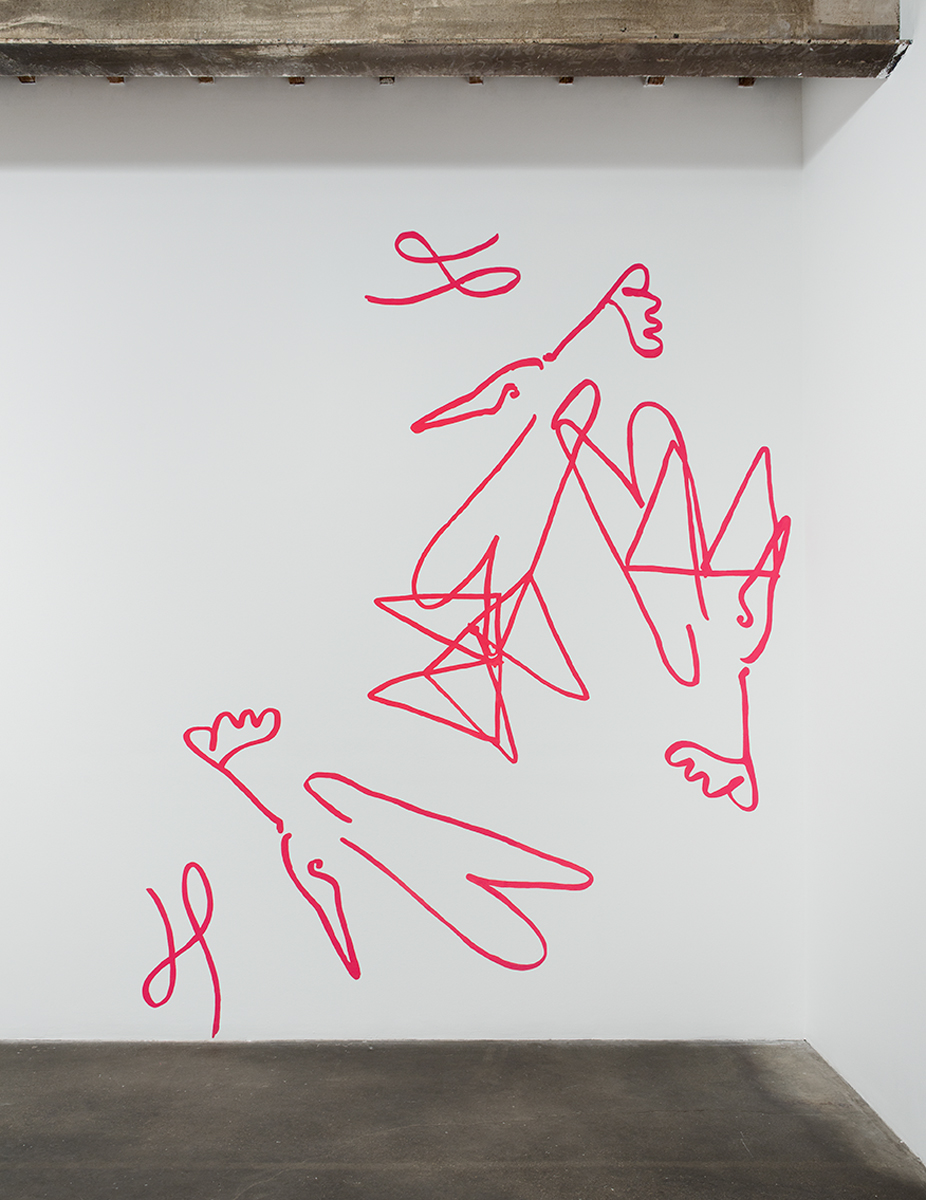 Untitled (Cartoon of Rich and Poor Peacocks), 2014. Flashe on wall. 141 x 114 inches.