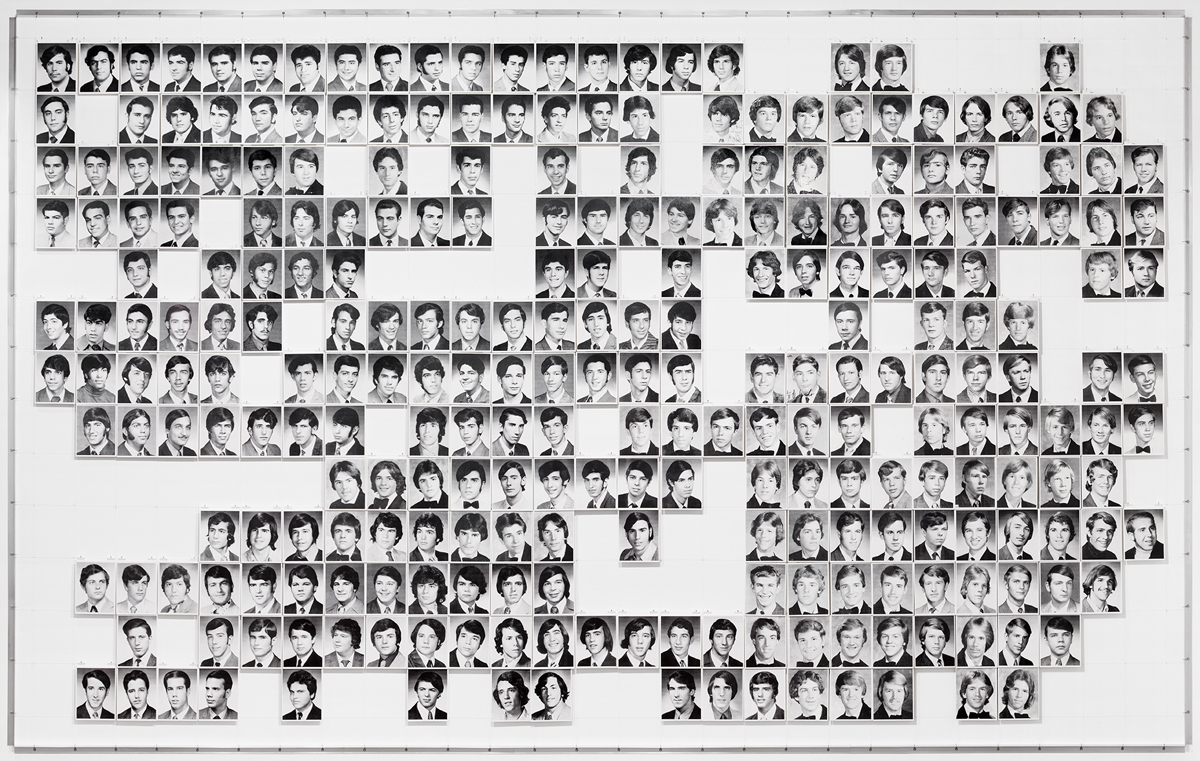 Large Grid, M (Midway Version), 1974 - Present. Laser print on board, monofilament, lead anchors, aluminum. 143 x 227 x 1 inches.