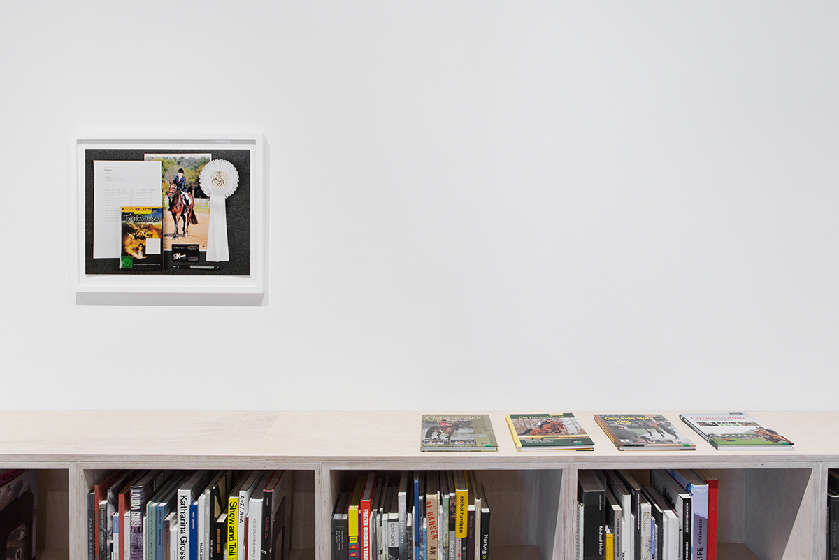click click, space space, installation view. Results with Untitled (Hunterklasse in context). 4 books from FN Verlag: Serenity in the Equestrian Sports, The Hunter Seat*, Healthy Hooves – No Coincidence!, Course Construction – Fascinatingly Logical. Each 10 x 7 ½ inches. *The Hunter Seat – practical tips for riders, trainers and hosts. Editors: Susanne Kappmeier and Megan Francis Sullivan. First Edition, approx. 125p, color, 2008.