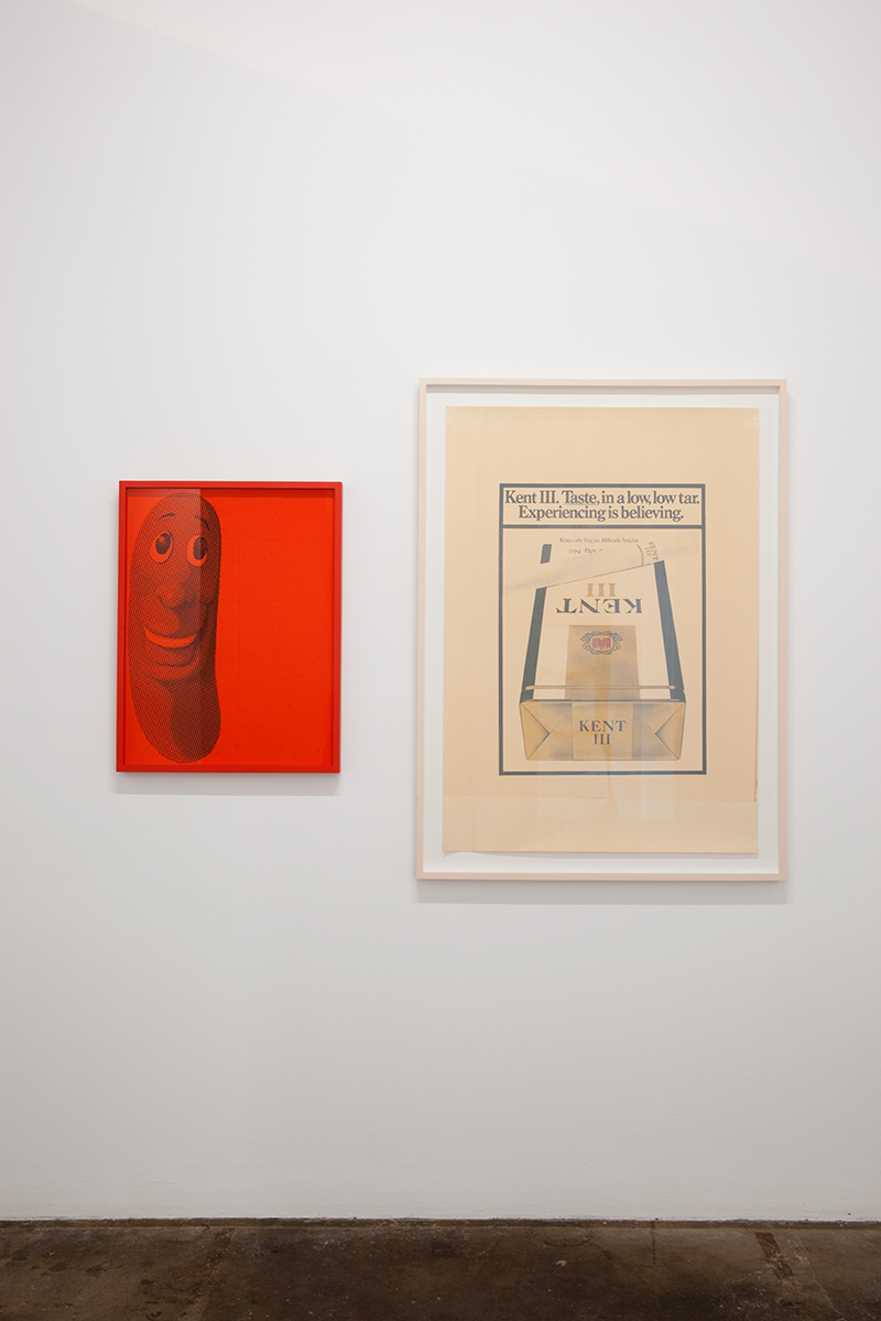David Catherall, installation view. Left: (, 2012. Silkscreen on Dur-O-tone butcher orange paper, artist frame. 19 x 25 inches framed. Right: KENT III/I Palais des Beaux-Arts Bruxelles, 2007/2012. Silkscreen on Design Offset, Naturweiß 300 gm. paper, dust and brick pigment paint, artist frame. 45 x 33 inches framed.