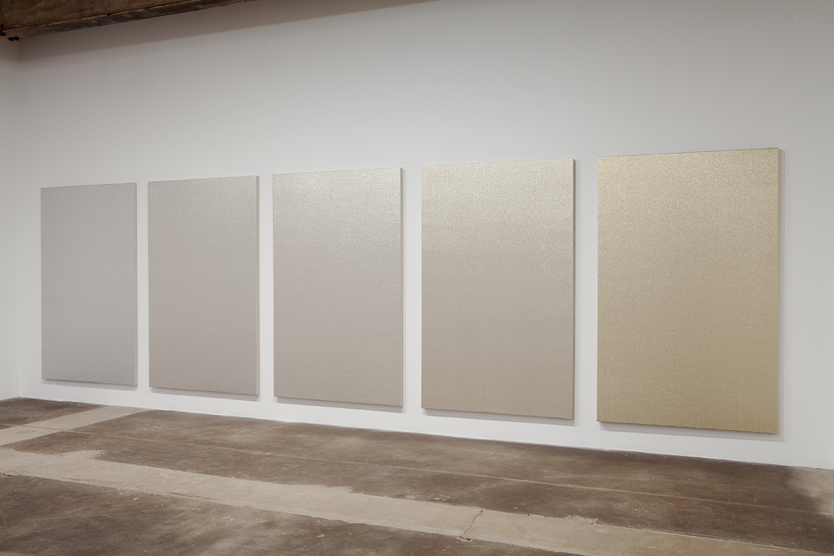 Willem de Rooij, Silver to Gold, 2009. Unbleached linen and acrylic fiber. Five panels, each 84 ⅝ x 53 ⅛ x 2 inches. Courtesy the Aishti Foundation, Beirut.