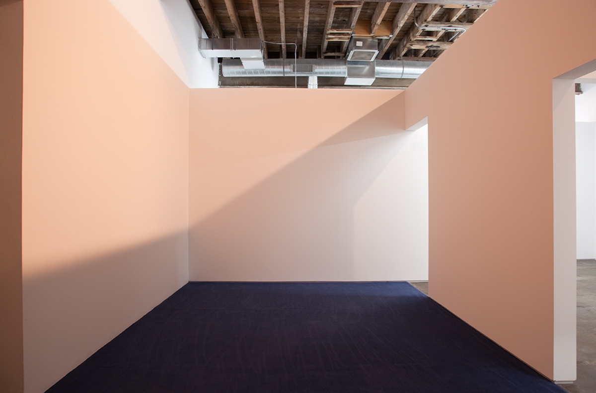 44.989569 x -93.252357, 2012. Wood, sheetrock, metal reglets, latex paint, carpet, daylight fluorescent tubes, and halogen spots. 120 x 330 x 376 inches.