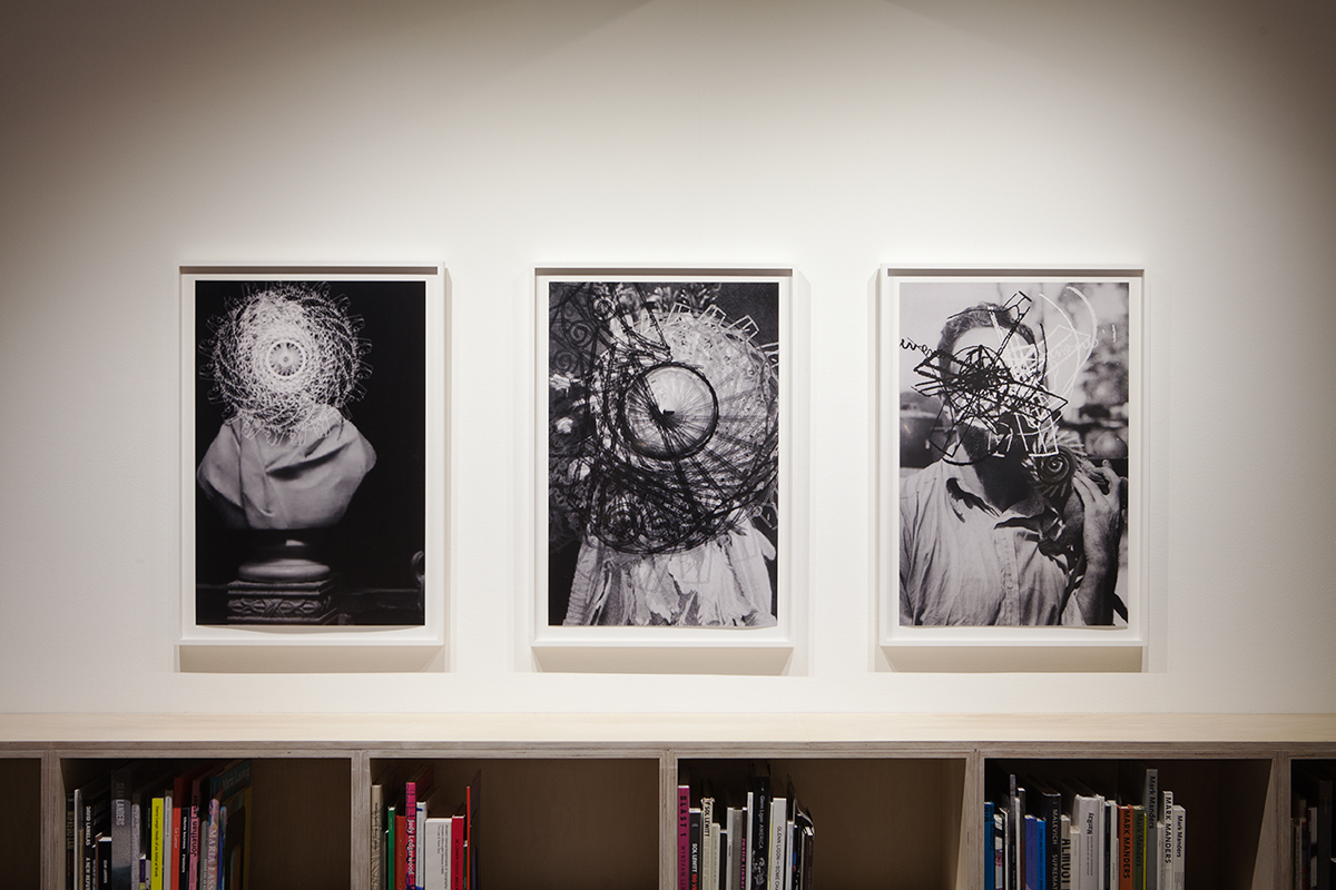 Gareth James, Left to right: Untitled (Sir John Soane Bust with White Regular Circle), 2011. Untitled (Edward Curtis with White to Black Spiral), 2010. Untitled (Young Claude Levi-Strauss with Monkey, Fragment Spirals), 2011. All works: Chomogentic prints. 32 ¾ x 22 ½ inches framed. Courtesy Miguel Abreu Gallery, NY.