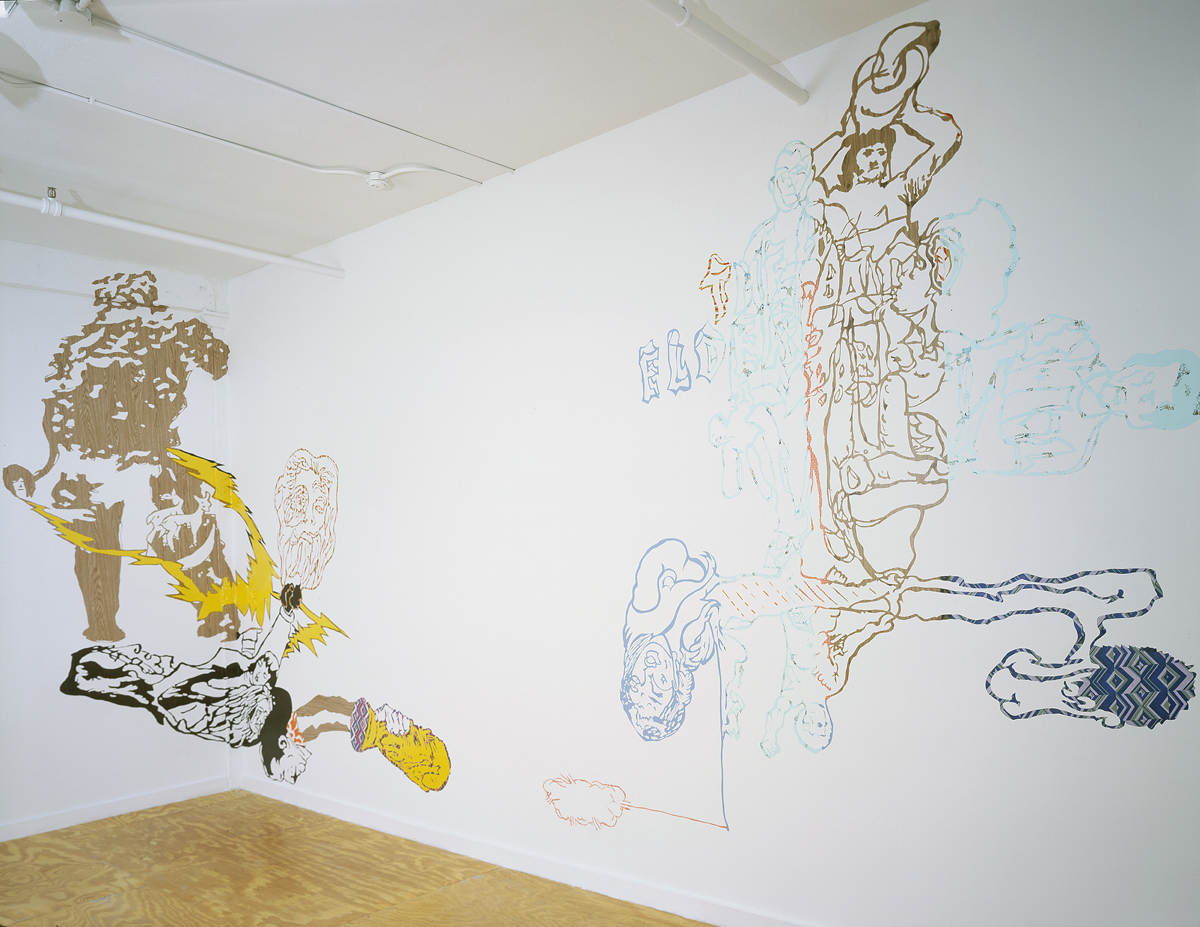 Santiago Cucullu, left:“After securing the coprolite Menotti agrees to deliver the cup semi-finals to Videla. They celebrate the inevitable Victory against Peru while attached to the Hairyman’s legacy”, 2001. Contact paper. 10 x 12 feet. Right: “The multi-facted T.O.A.”, 2001. Contact paper. 10 feet x 9 feet 3 inches.