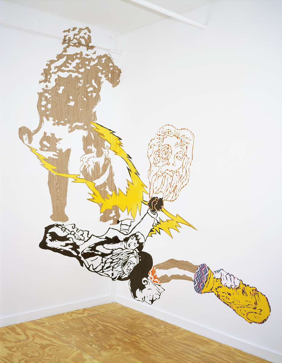 Santiago Cucullu, “After securing the coprolite Menotti agrees to deliver the cup semi-finals to Videla. They celebrate the inevitable Victory against Peru while attached to the Hairyman’s legacy”, 2001. Contact paper. 10 x 12 feet.