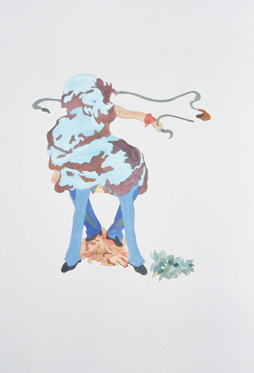 Santiago Cucullu, “The coprolite can become animated by a host. Here it positions the arm of Daniel to fire from a sling while walking with Menotti’s legs. It is fall.”, 2001. Watercolor on paper. 19 ¼ x 12 ½ inches.
